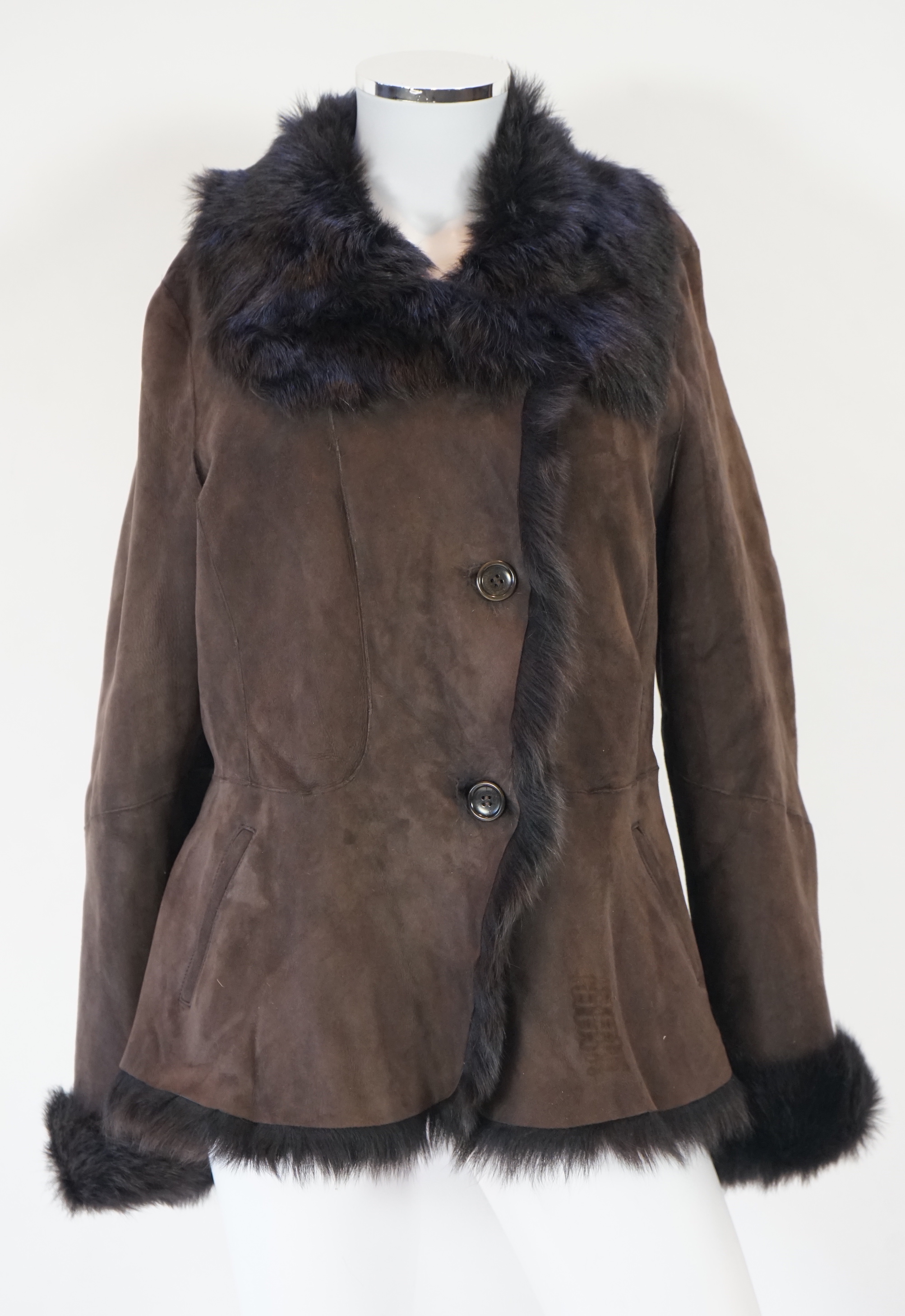 A lady's L K Bennett brown shearling jacket, size Large